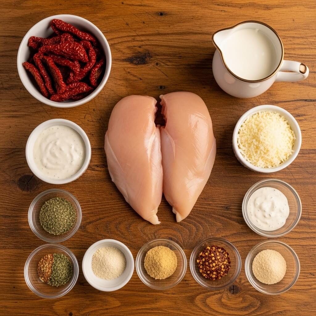 Crock Pot Marry Me Chicken ingredients flat lay