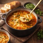 Easy Chicken Orzo Tomato Soup in rustic bowl