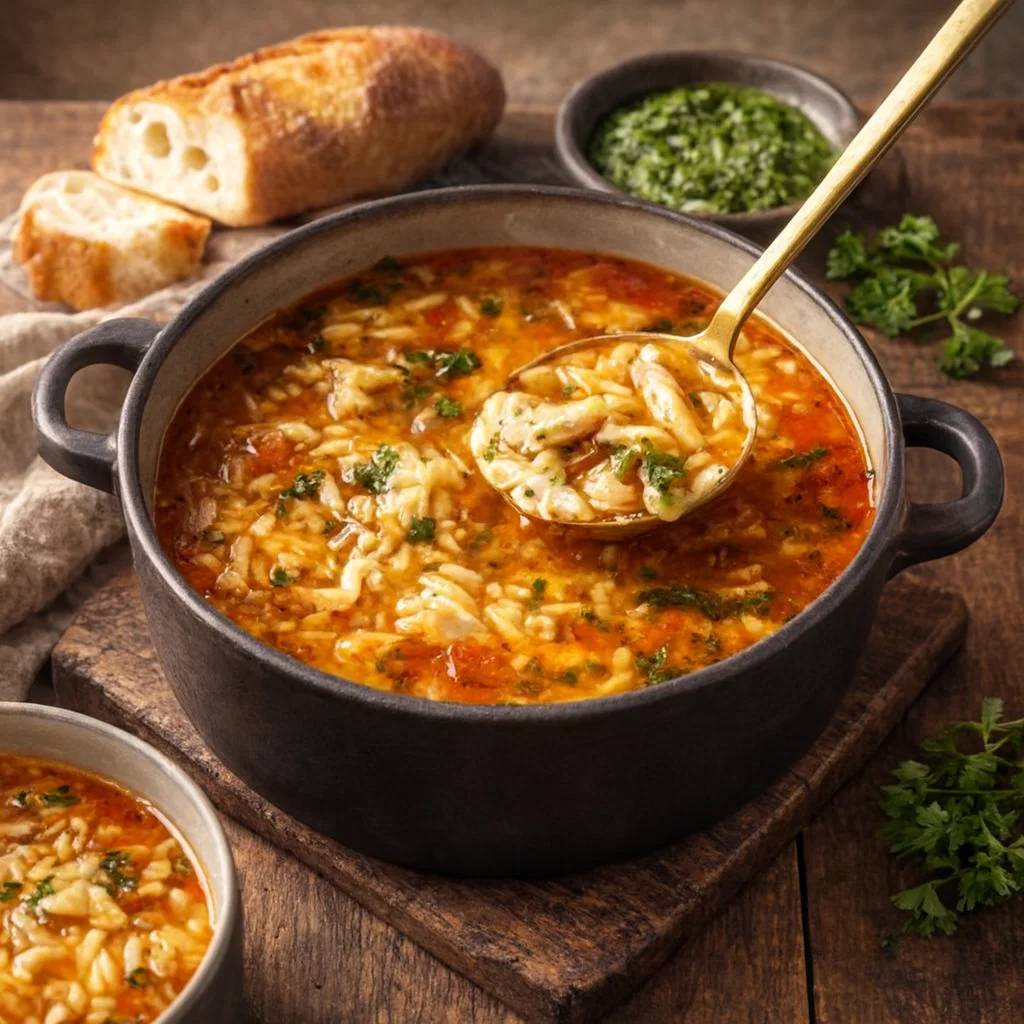 Easy Chicken Orzo Tomato Soup in rustic bowl