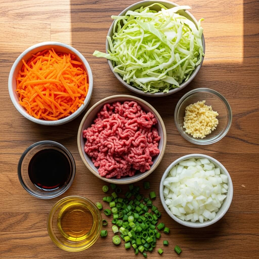 Egg Roll in a Bowl ingredients flat lay