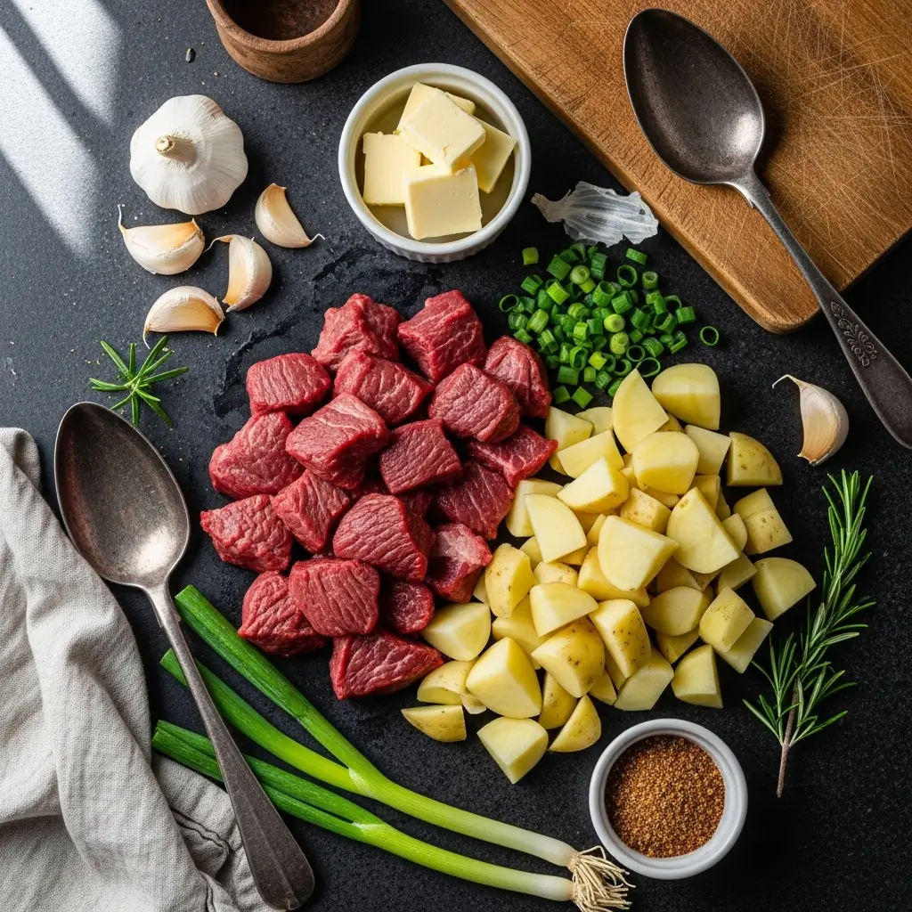 Garlic Butter Steak Bites and Potatoes ingredients flat lay