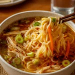 Ginger Scallion Chicken Noodle Soup bowl with noodles and scallions