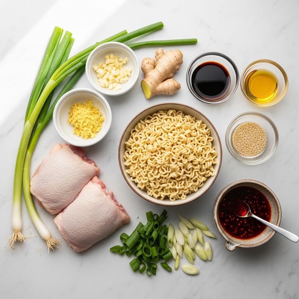 Ginger Scallion Chicken Noodle Soup ingredients flat lay