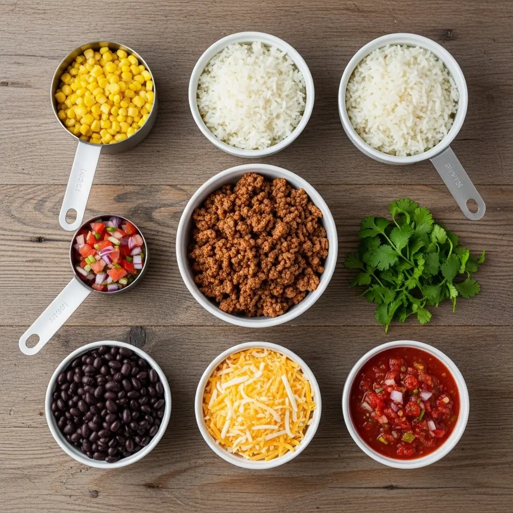burrito bowl ingredients ground beef rice beans corn cheese
