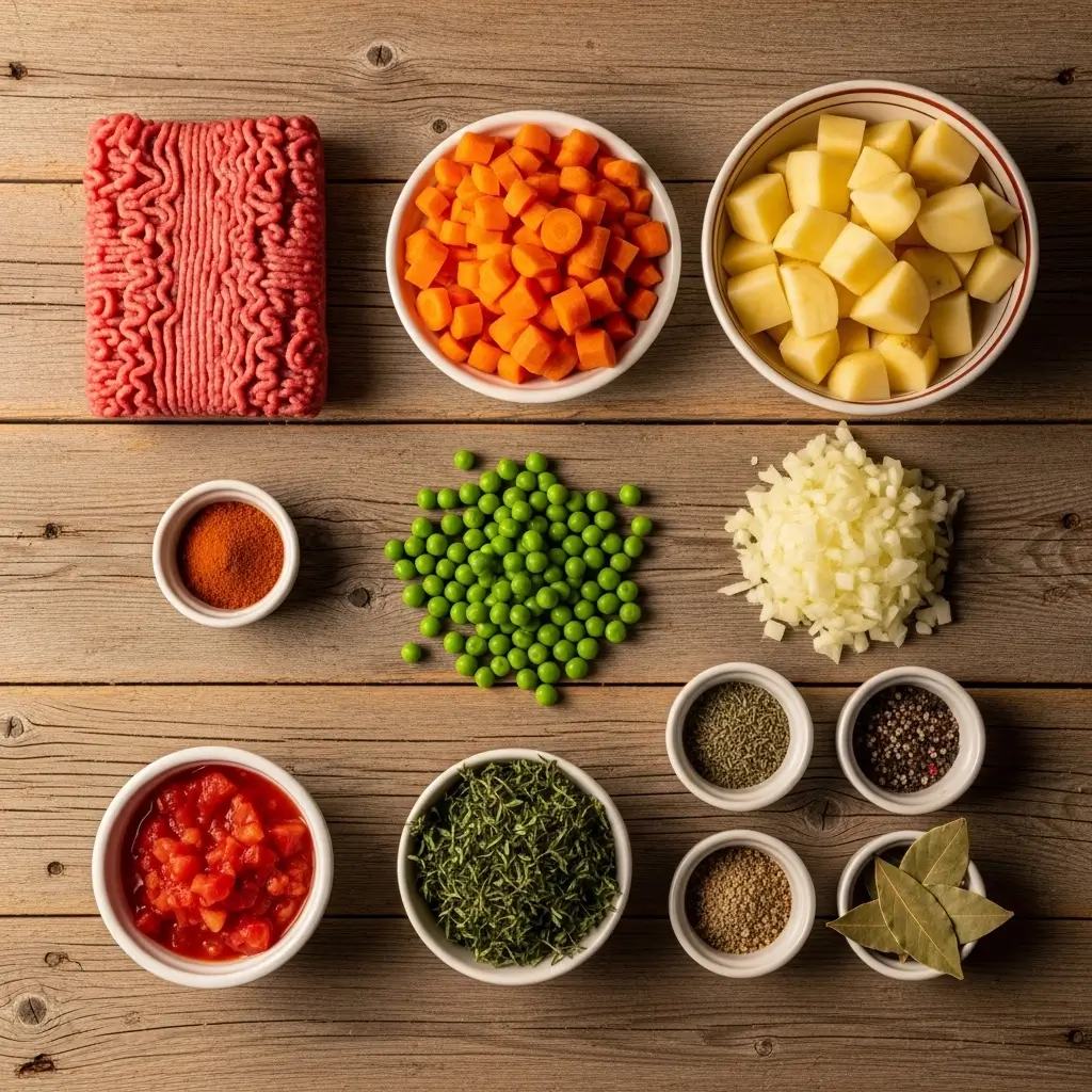 Hamburger Beef Stew ingredients layout