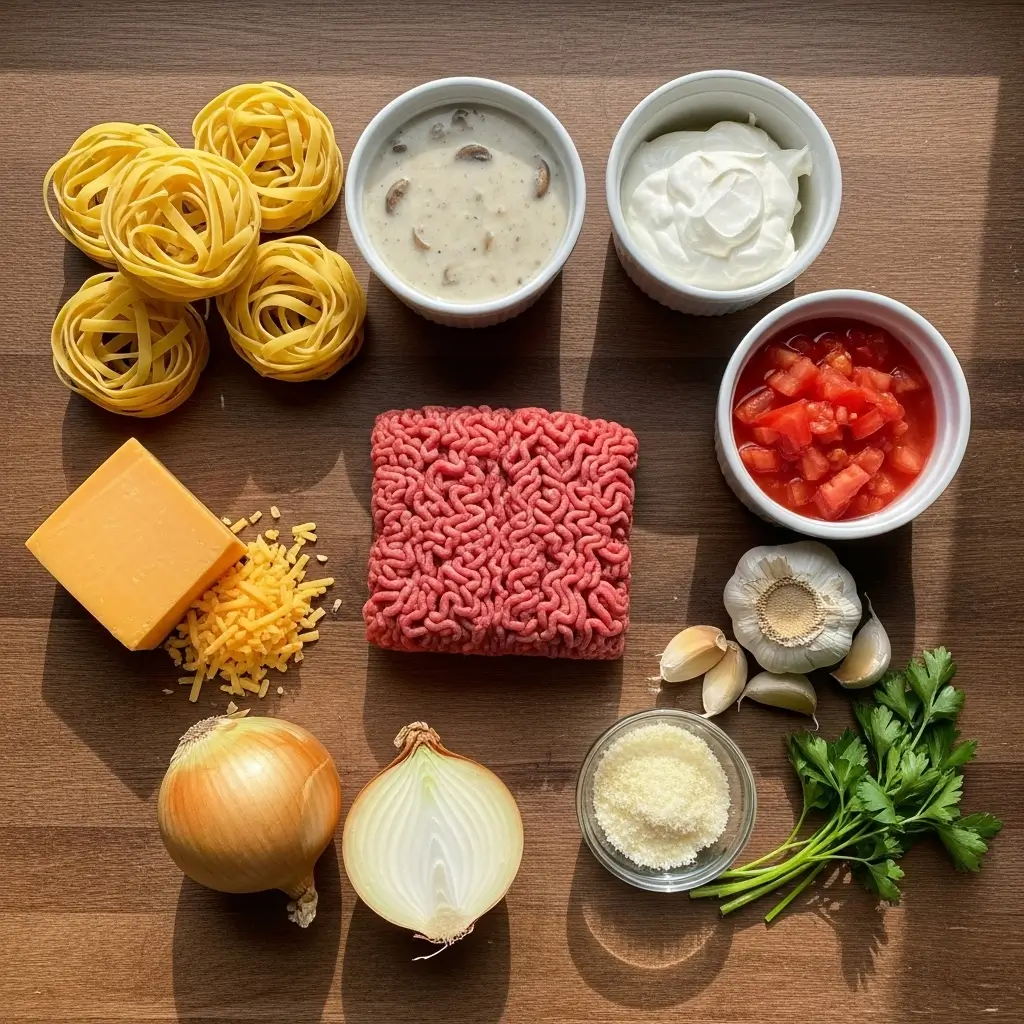 Hamburger Supreme Casserole ingredients layout