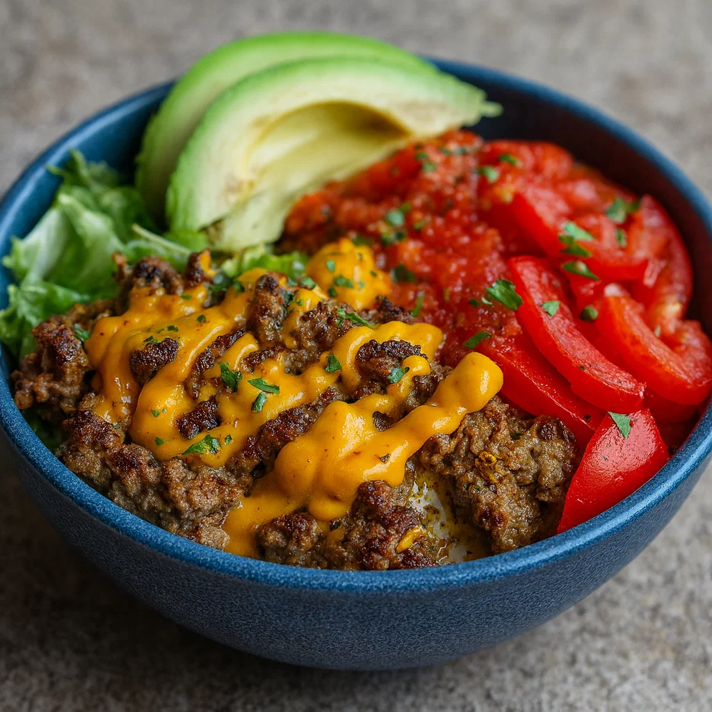 High-Protein Cheeseburger Bowl with toppings and sauce