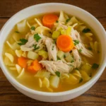 Homemade Chicken Noodle Soup in a rustic bowl