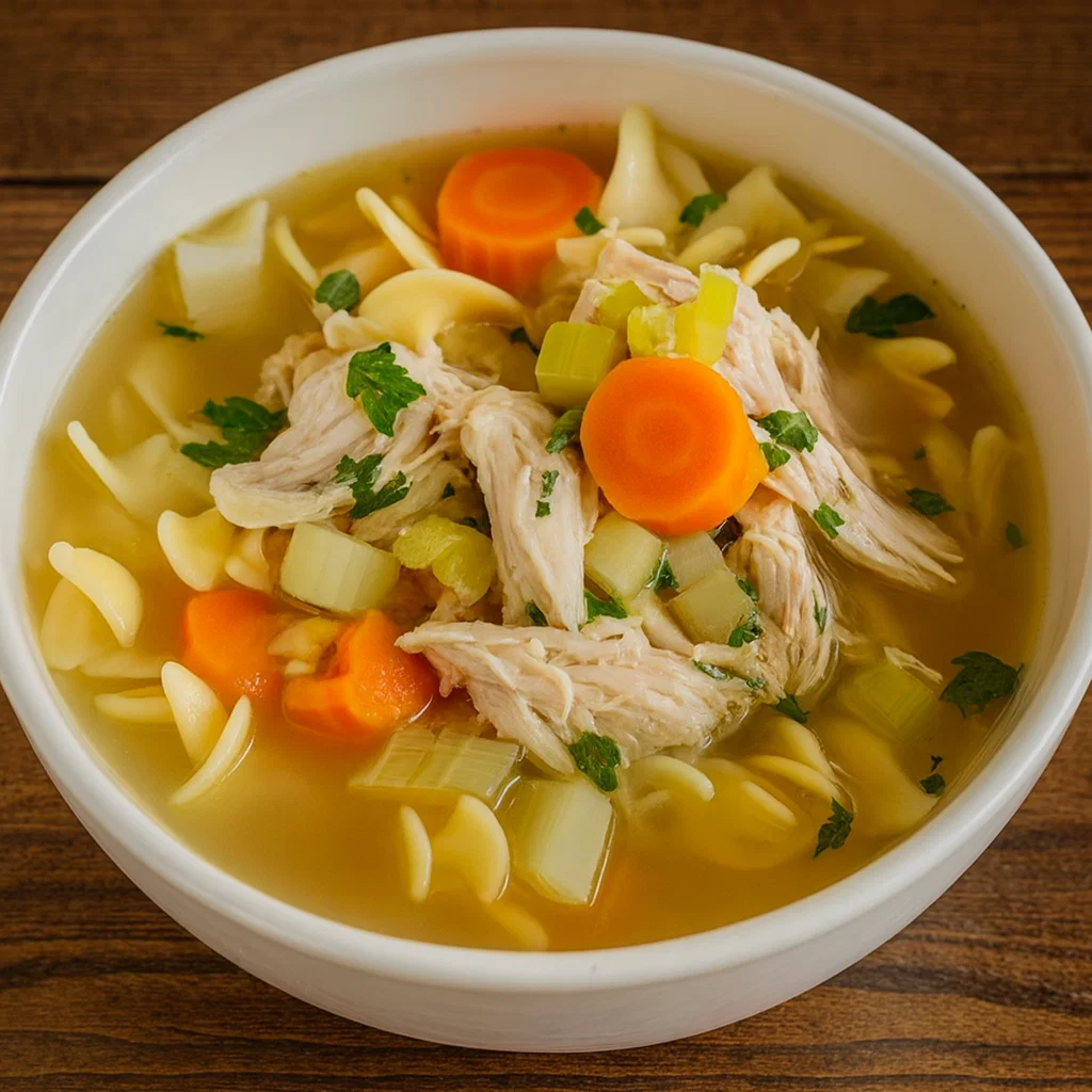 Homemade Chicken Noodle Soup in a rustic bowl