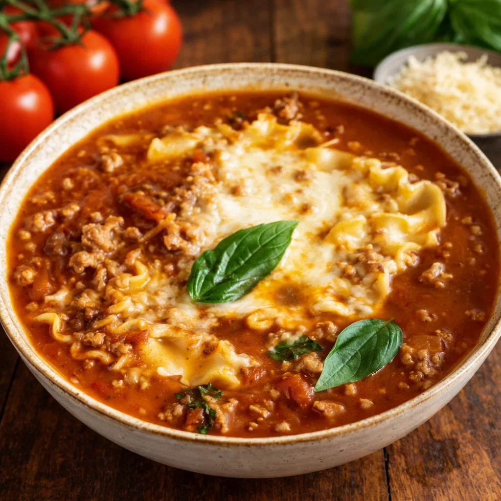 Irresistible Easy Lasagna Soup in a bowl with melted cheese and basil