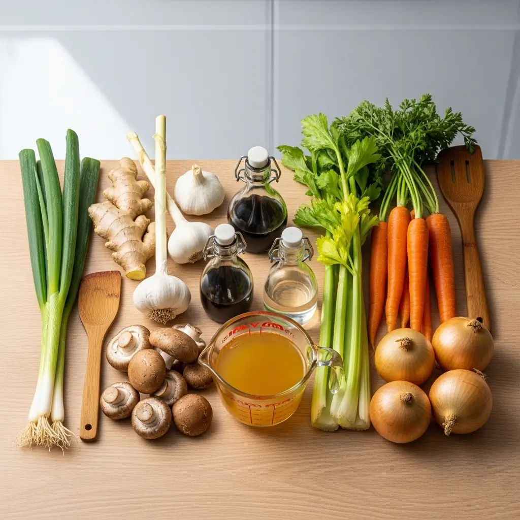 Japanese Onion Soup Ingredients Flat Lay