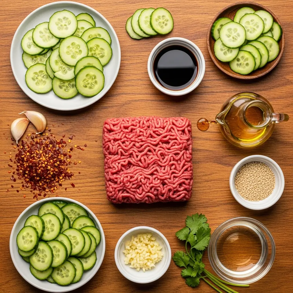 Ingredients for Spicy Keto Korean Ground Beef with Cucumber Salad