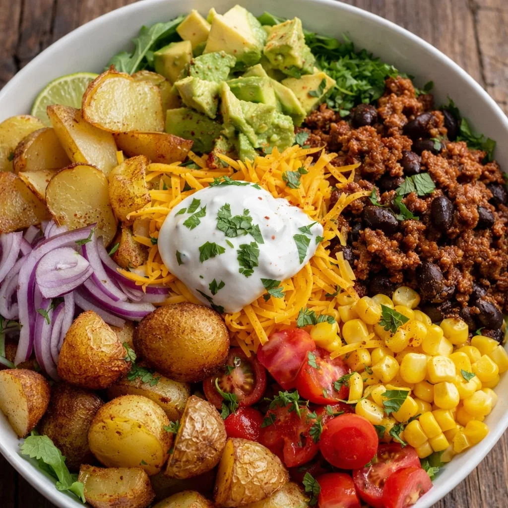Loaded Potato Taco Bowl with crispy potatoes and toppings