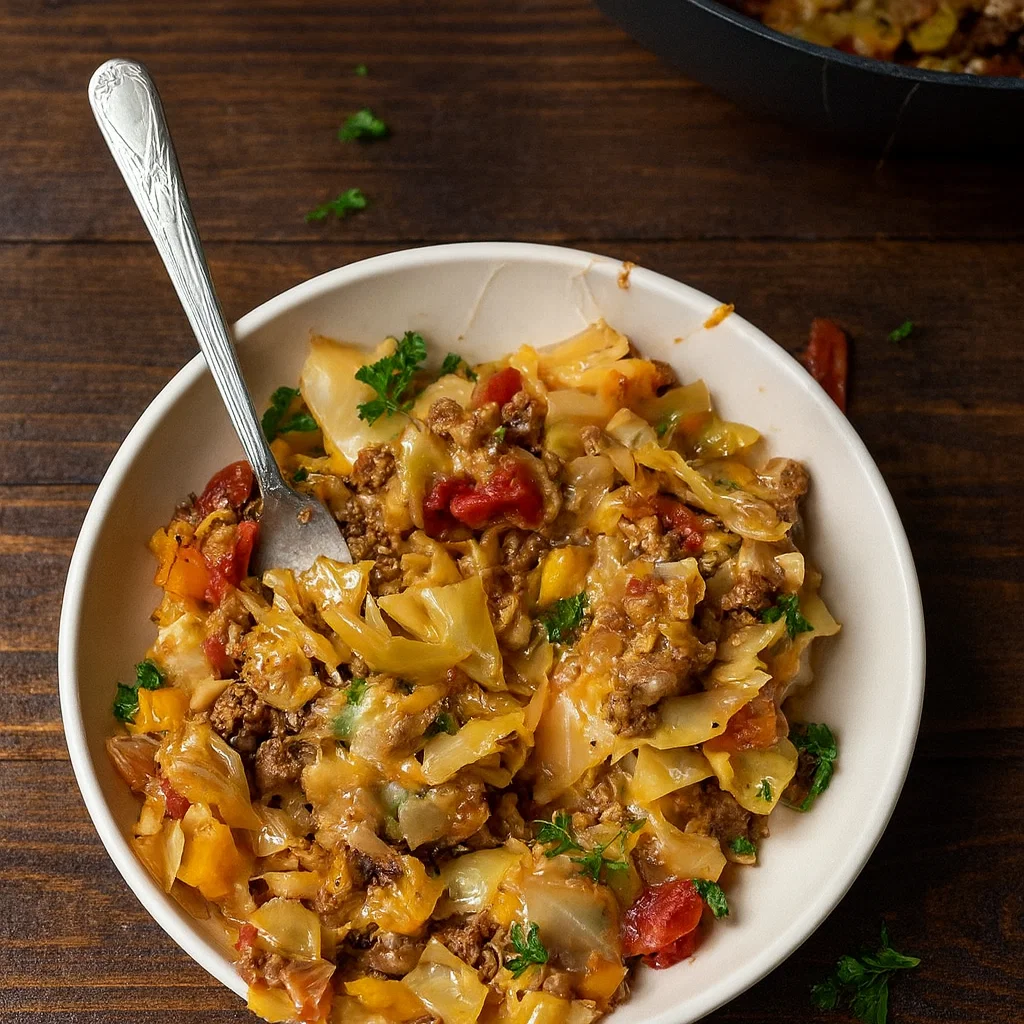 Low Carb Unstuffed Cabbage Casserole in Dutch oven