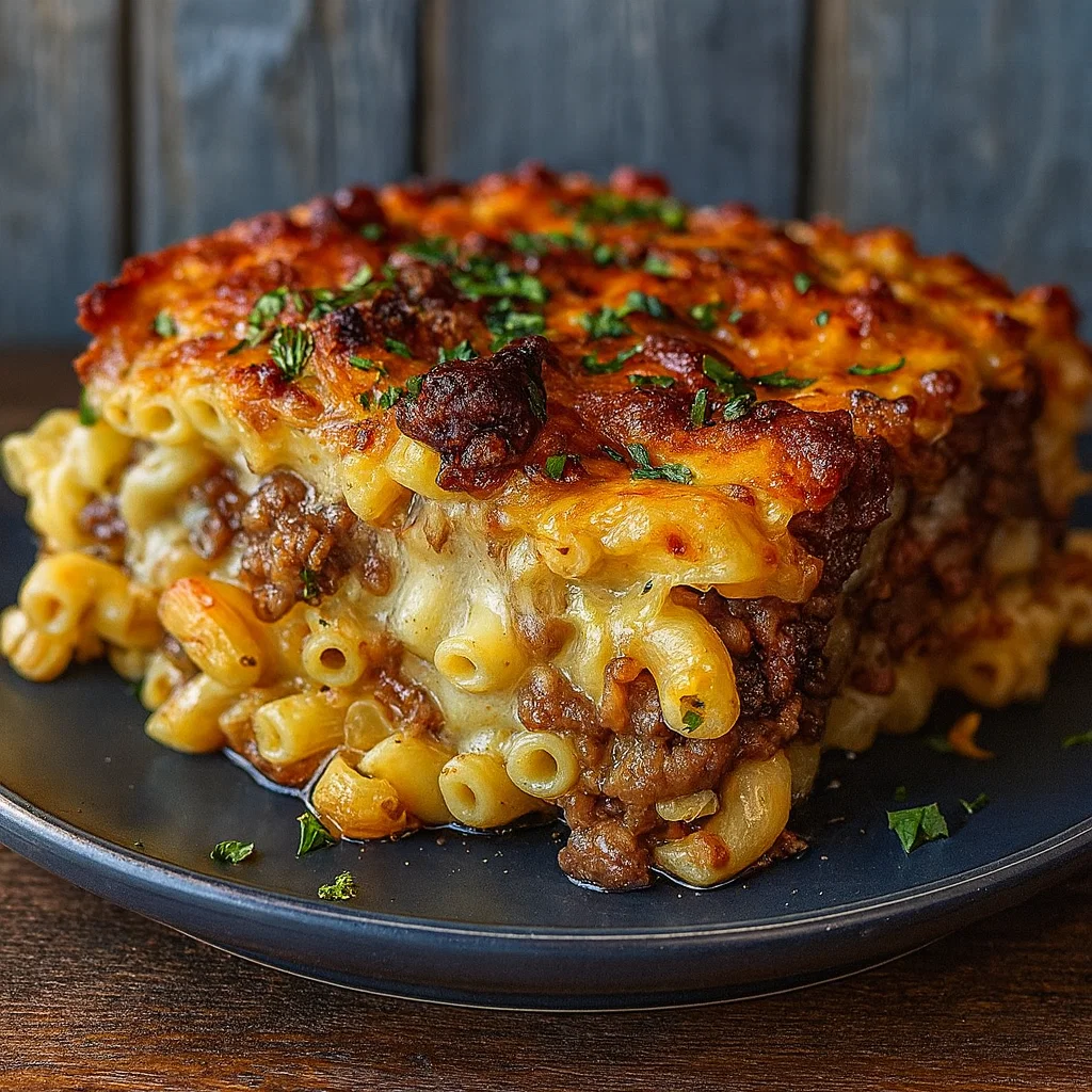 Mac and Cheese Meatloaf Casserole fresh from oven