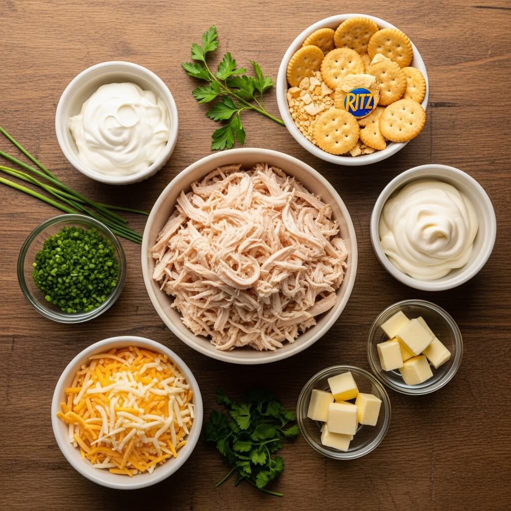 Million Dollar Chicken Casserole ingredients flat lay