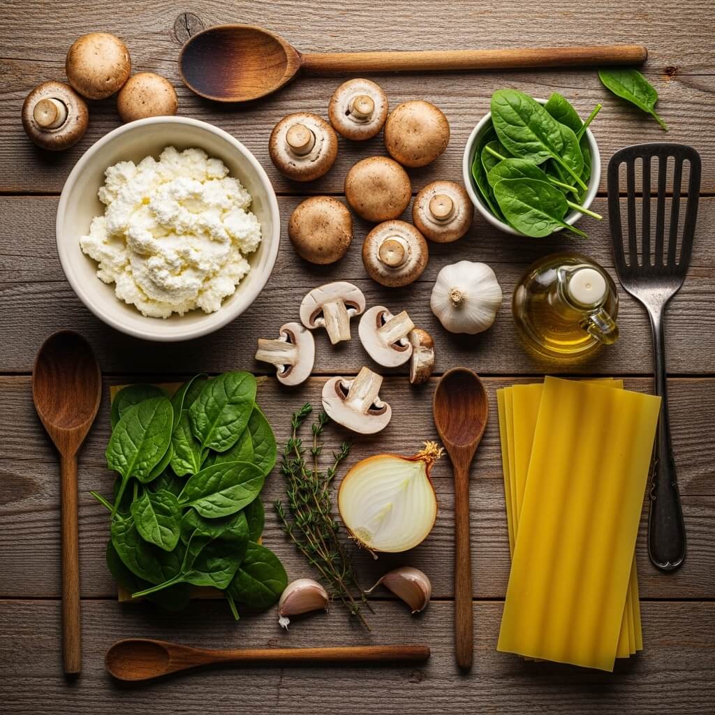 Mushroom and Spinach Lasagna ingredients flat lay