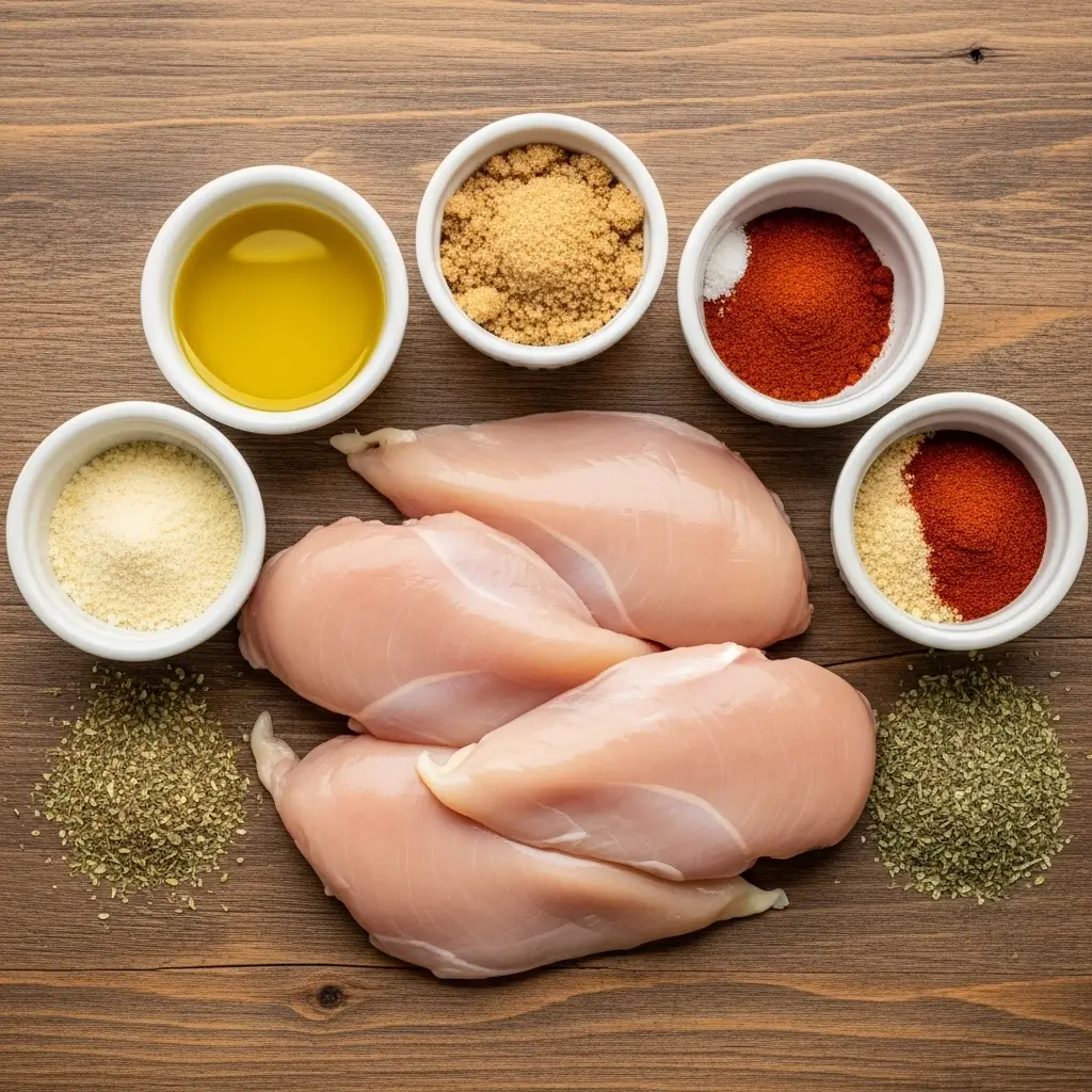 Oven Baked Chicken Breast ingredients flat lay