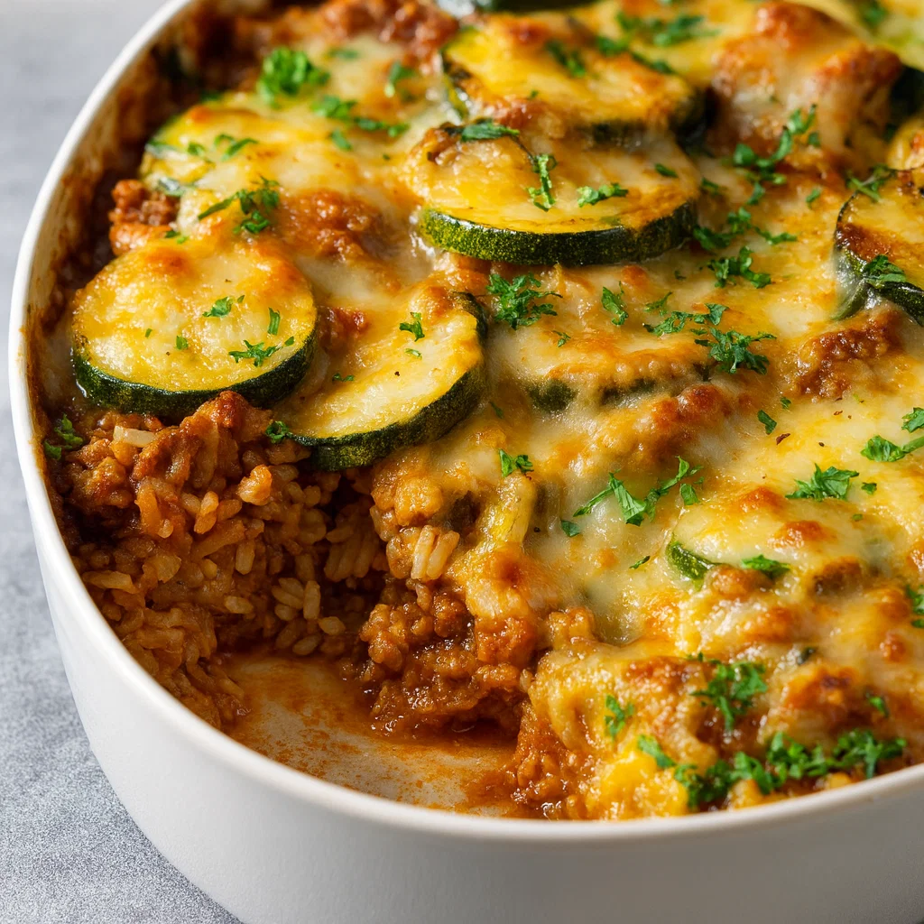 Savory Ground Turkey Zucchini Casserole baked with cheese