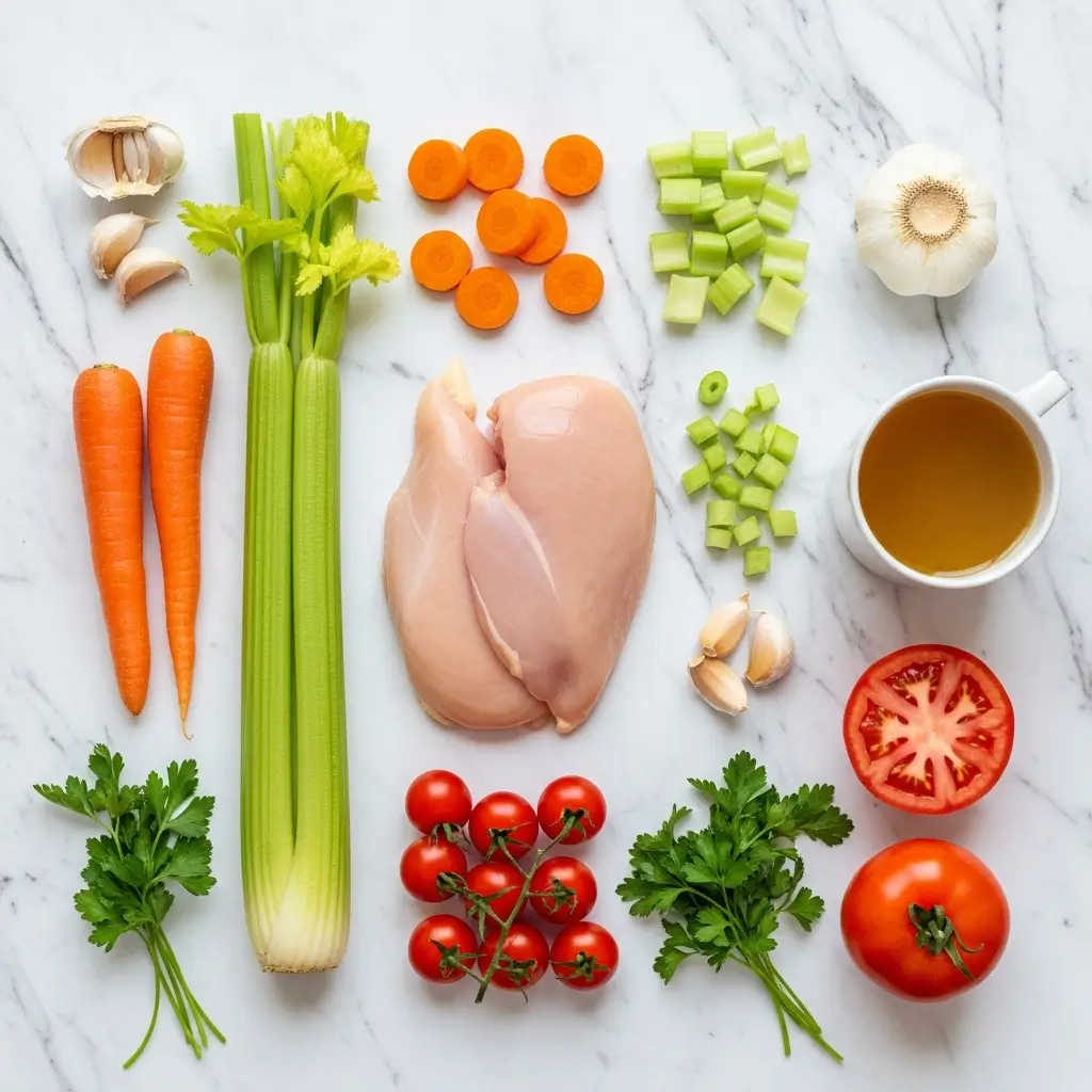 Sicilian Chicken Soup ingredients flat lay