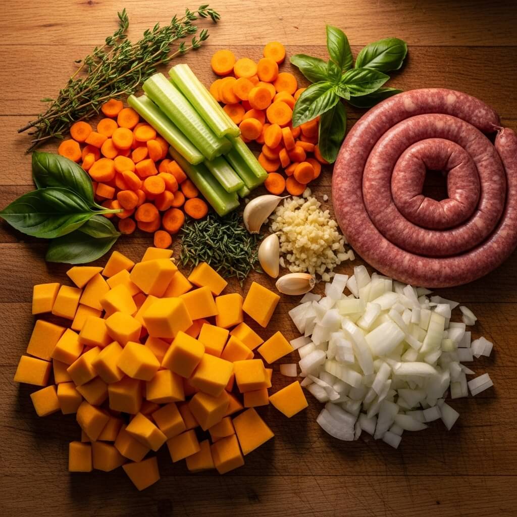 Ingredients for Slow Cooker Butternut Squash and Sausage Soup