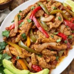 Slow Cooker Chicken Fajitas plated with avocado and limes