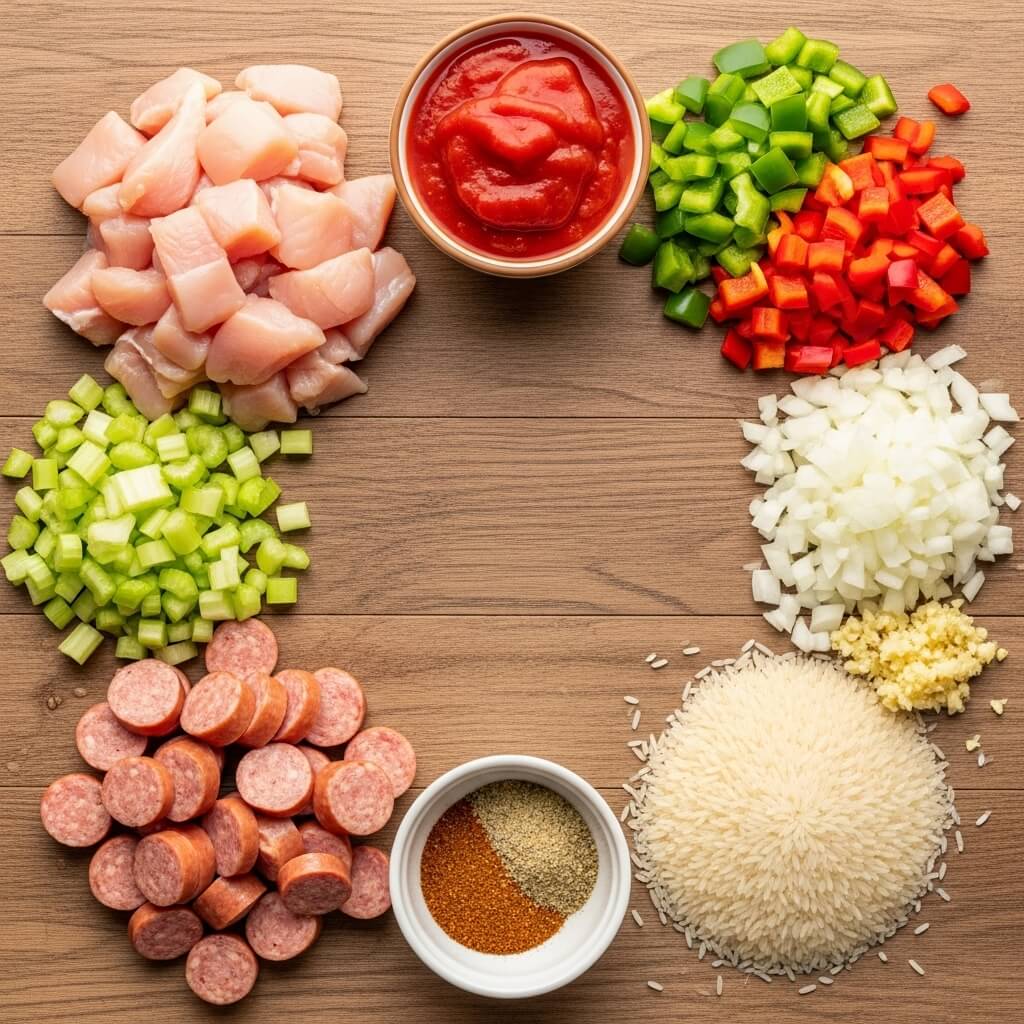 Slow Cooker Chicken Jambalaya ingredients on table