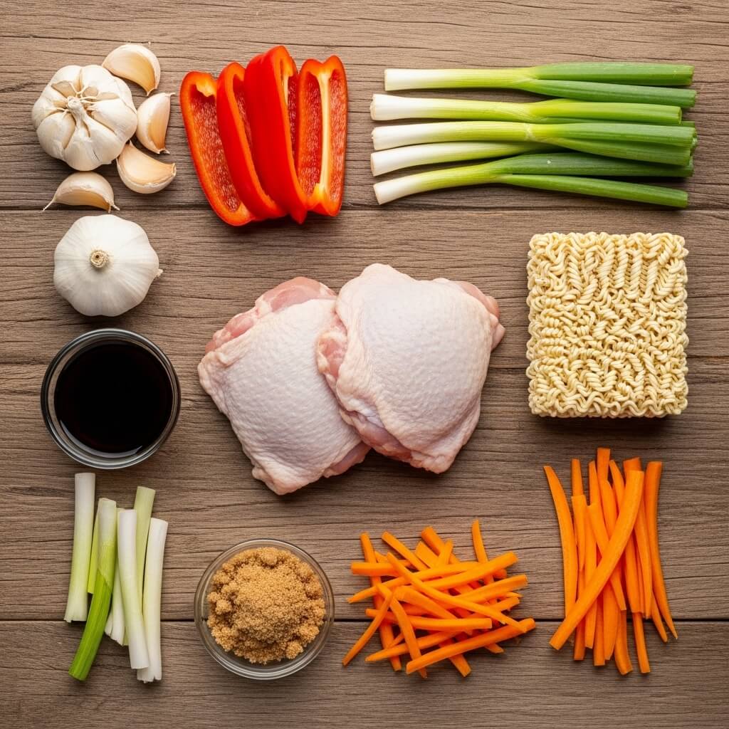 ingredients for slow cooker chicken ramen laid out on counter