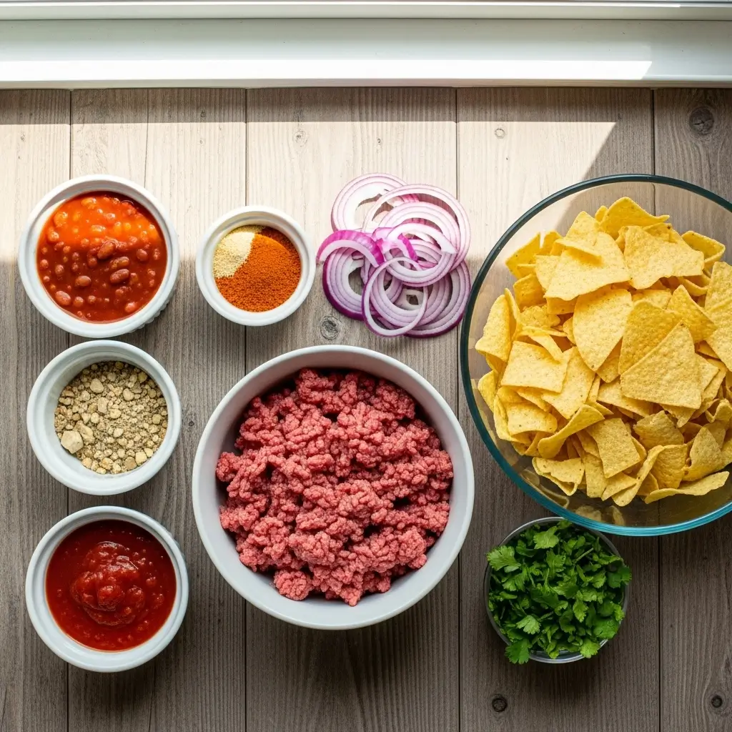 Ingredients for Slow Cooker Smothered Fritos Taco Bowls