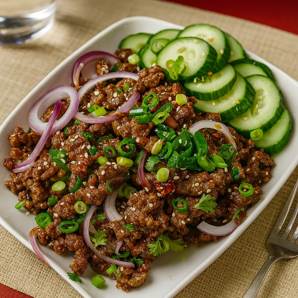 Spicy Keto Korean Ground Beef with Cucumber Salad