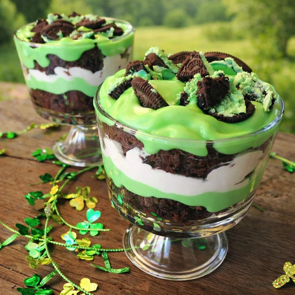 St. Patrick’s Day Brownie Trifle in glass bowl