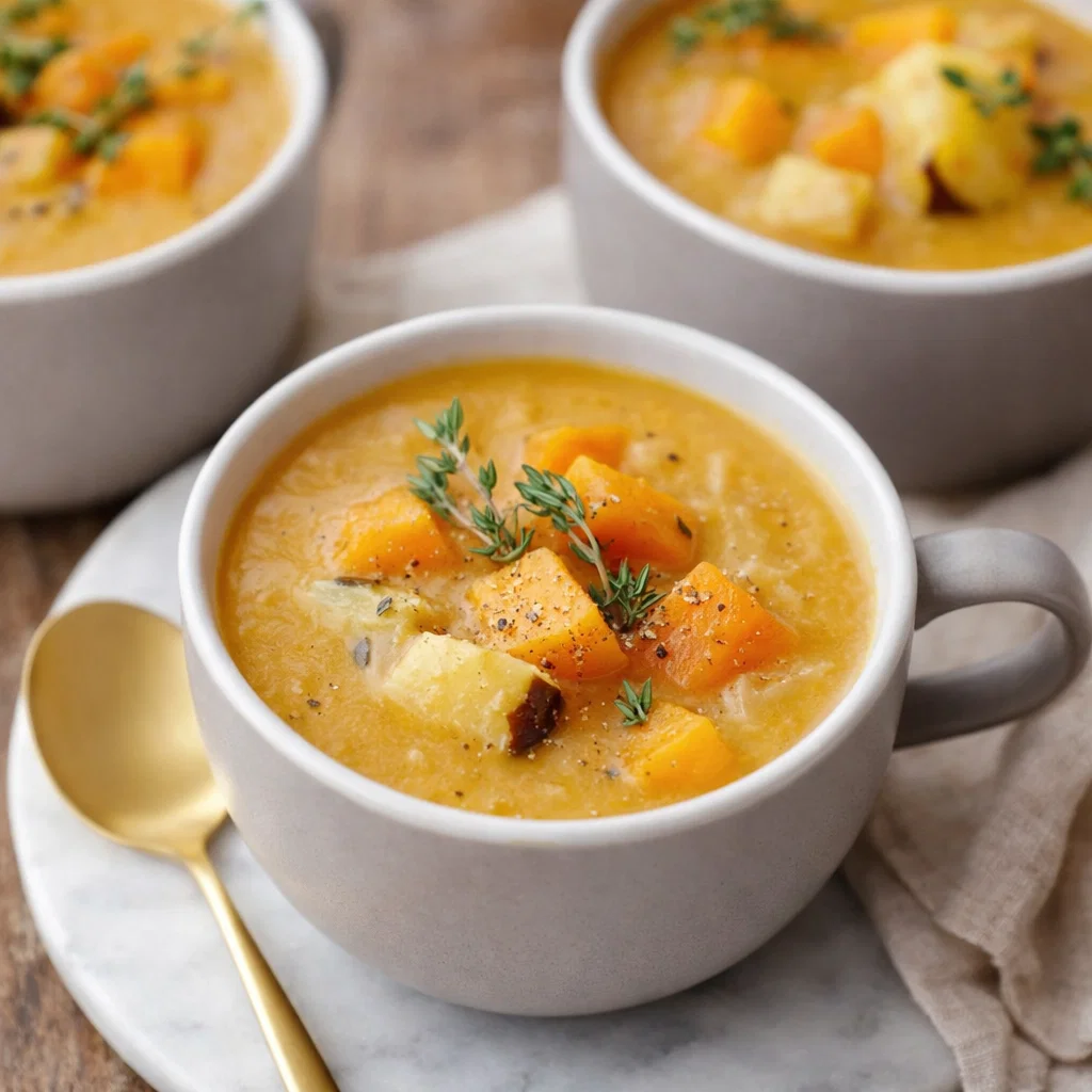 Tasty Roasted Winter Vegetable Soup in rustic bowl