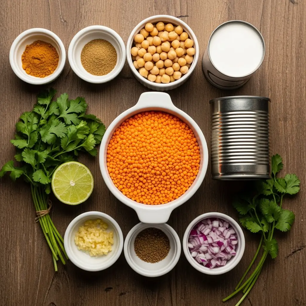 vegan curry lentil soup ingredients flat lay