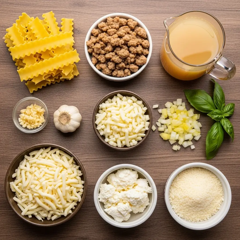 White Lasagna Soup ingredients flat lay