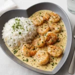 Creamy Garlic Butter Shrimp with Rice served in a white bowl