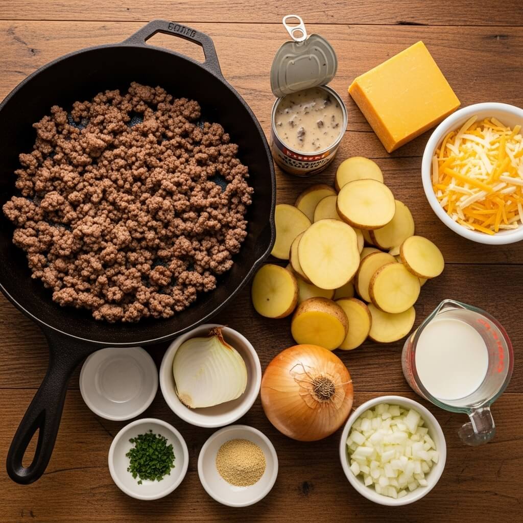 Crockpot Hamburger Potato Casserole Ingredients Display