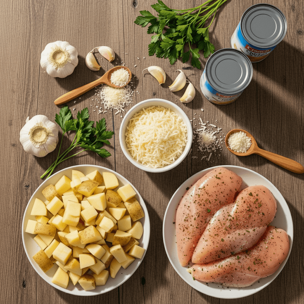 Crockpot Parmesan Garlic Chicken ingredients on wooden surface