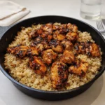 Easy One-Pan Honey BBQ Chicken and Rice in skillet