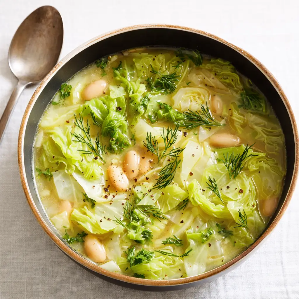 Garlicky Cabbage Soup served hot in a rustic bowl
