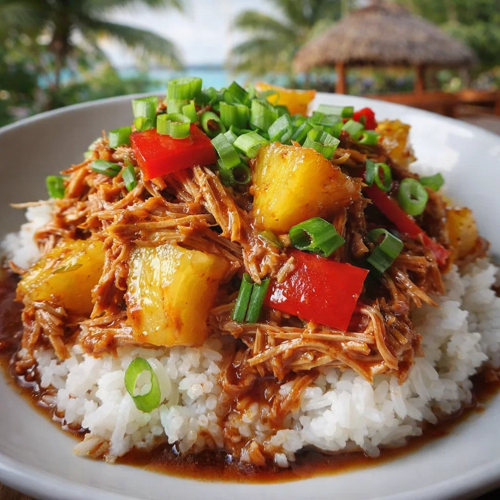 10-Minute Healthy Hawaiian Crockpot Chicken in a bowl with rice