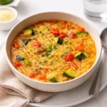 Healthy Orzo Vegetable Soup in rustic bowl