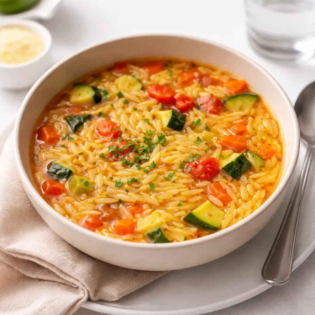 Healthy Orzo Vegetable Soup in rustic bowl