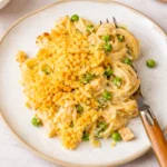 Old-Fashioned Tuna Noodle Casserole baked in dish