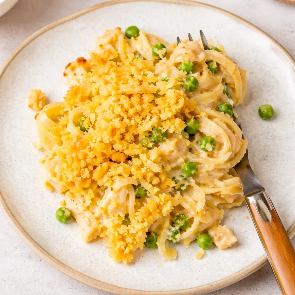 Old-Fashioned Tuna Noodle Casserole baked in dish