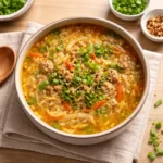 One-Pot Egg Roll Soup in bowl with green onions and sesame seeds