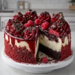 Red Velvet Cheesecake Layer Cake slice with frosting and glaze