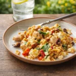 Slow-Cooked Lemon Chicken Orzo in a bowl with lemon and feta
