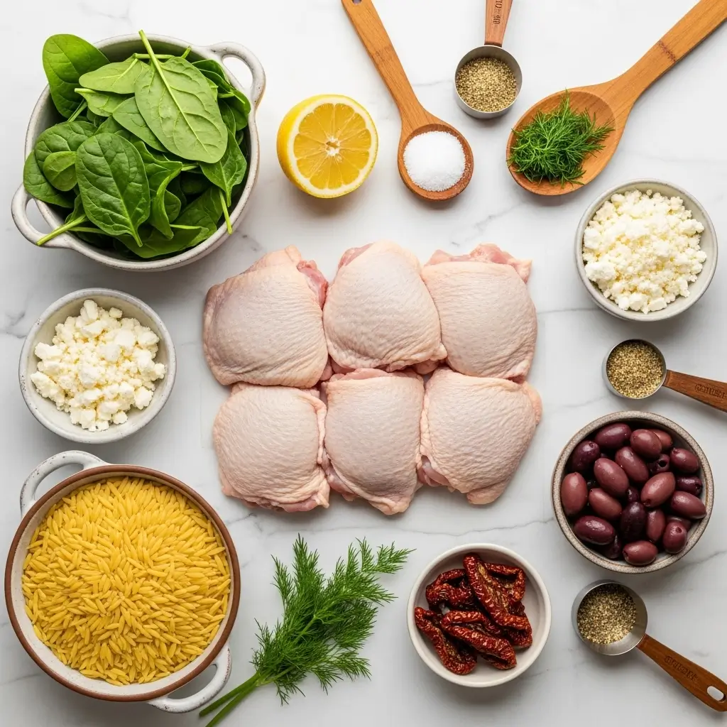 Ingredients for Slow-Cooked Lemon Chicken Orzo laid out on table