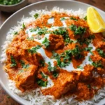 Slow Cooker Butter Chicken served with rice and naan