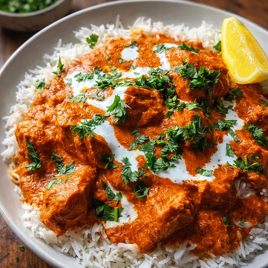 Slow Cooker Butter Chicken served with rice and naan